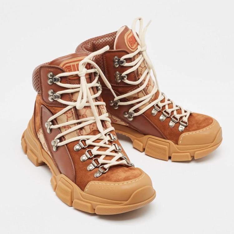 Pre Owned Gucci Beige/Brown GG Canvas and Suede Flashtrek Boots Size 35