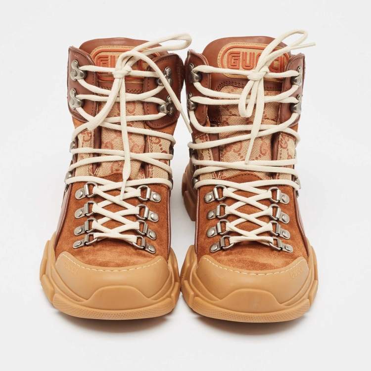 Pre Owned Gucci Beige/Brown GG Canvas and Suede Flashtrek Boots Size 35