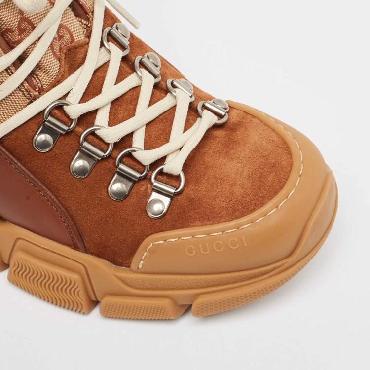 Pre Owned Gucci Beige/Brown GG Canvas and Suede Flashtrek Boots Size 35