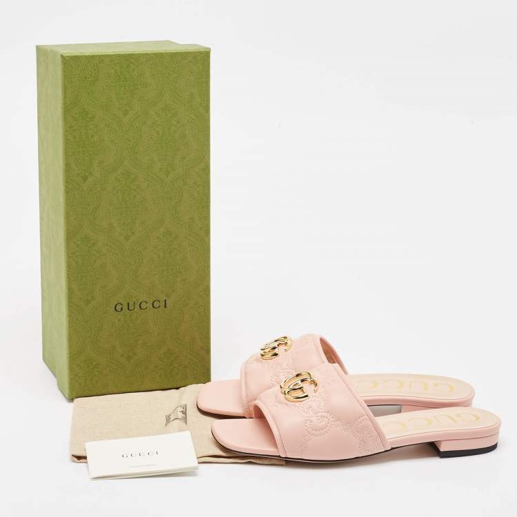 Pre Owned Gucci Pink Leather GG Marmont Flat Slides Size 38.5