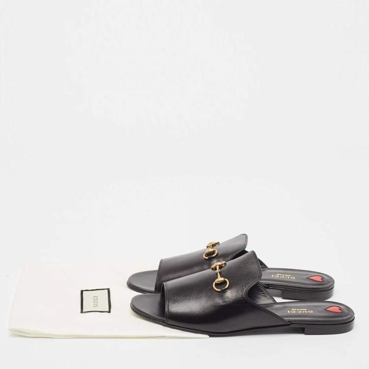 Pre Owned Gucci Black Leather Malaga Flat Slides Size 41.5