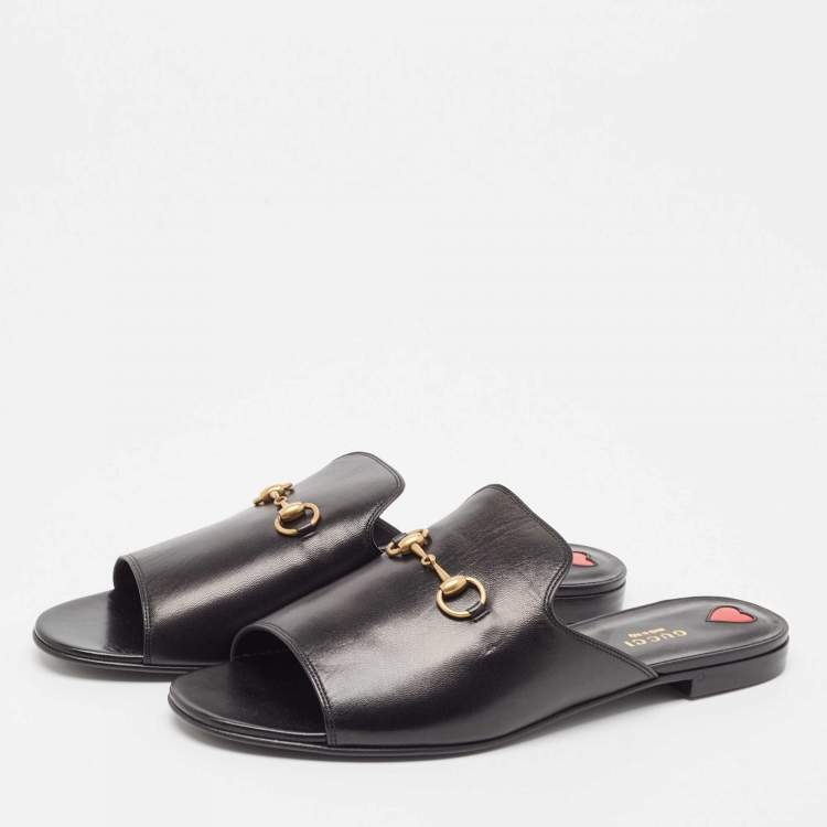 Pre Owned Gucci Black Leather Malaga Flat Slides Size 41.5