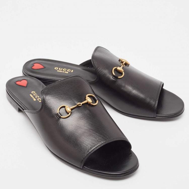 Pre Owned Gucci Black Leather Malaga Flat Slides Size 41.5