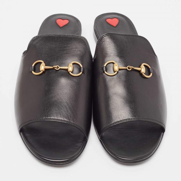 Pre Owned Gucci Black Leather Malaga Flat Slides Size 41.5