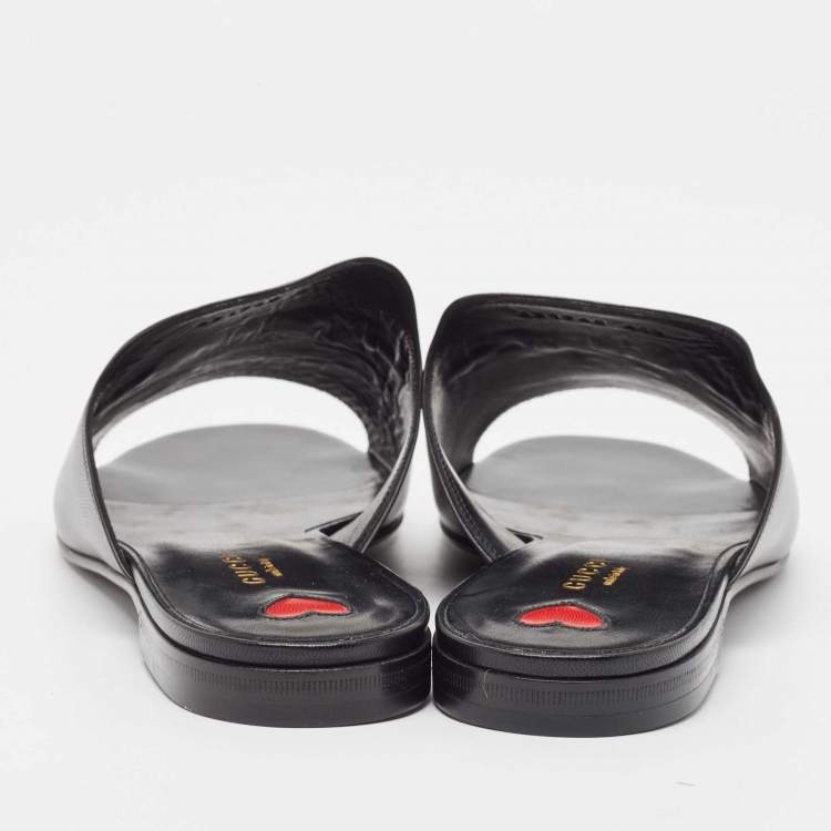 Pre Owned Gucci Black Leather Malaga Flat Slides Size 41.5