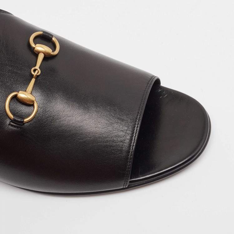 Pre Owned Gucci Black Leather Malaga Flat Slides Size 41.5