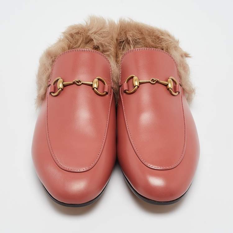 Pre Owned Gucci Pink Leather Fur Lined Princetown Flat Mules Size 37