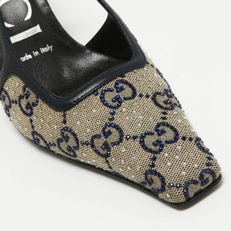 Pre Owned Gucci Navy Blue/Cream GG Canvas and Leather Slingback Pumps Size 36.5