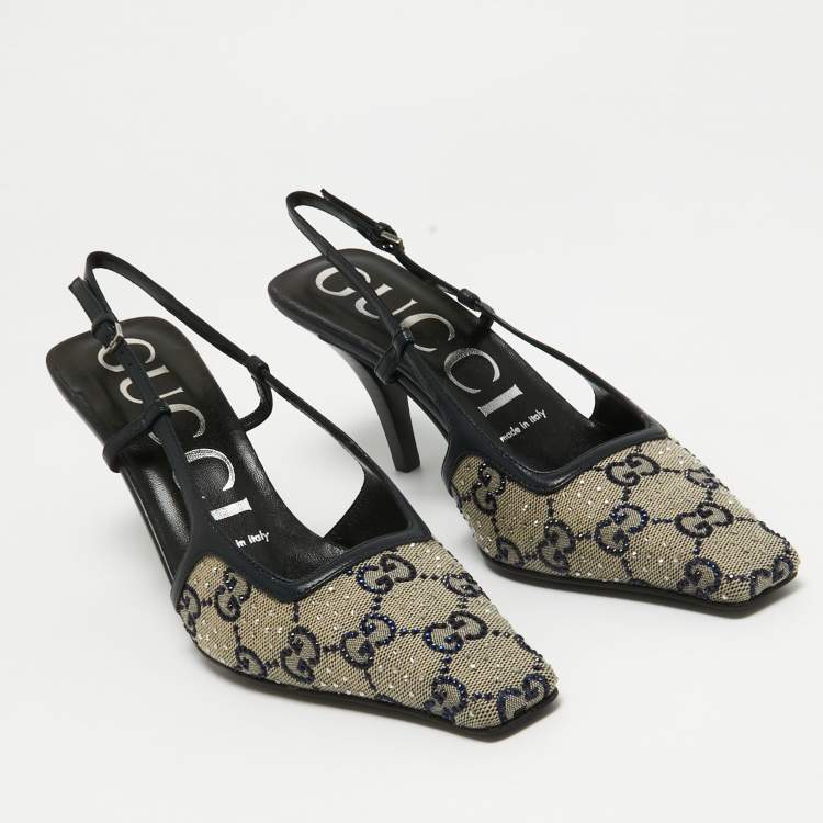 Pre Owned Gucci Navy Blue/Cream GG Canvas and Leather Slingback Pumps Size 36.5