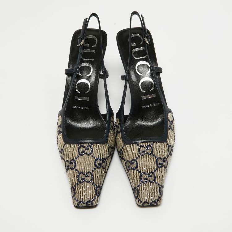 Pre Owned Gucci Navy Blue/Cream GG Canvas and Leather Slingback Pumps Size 36.5