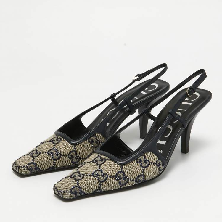 Pre Owned Gucci Navy Blue/Cream GG Canvas and Leather Slingback Pumps Size 36.5