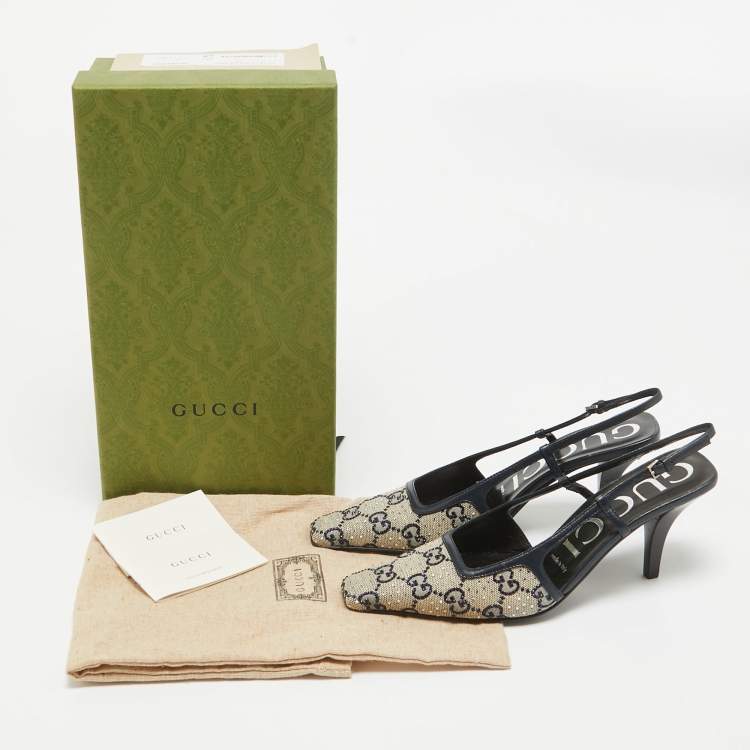 Pre Owned Gucci Navy Blue/Cream GG Canvas and Leather Slingback Pumps Size 36.5