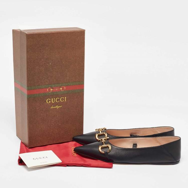 Pre Owned Gucci Black Leather Deva Horesebit Chain Link Ballet Flats Size 40