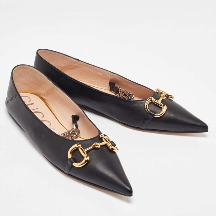 Pre Owned Gucci Black Leather Deva Horesebit Chain Link Ballet Flats Size 40