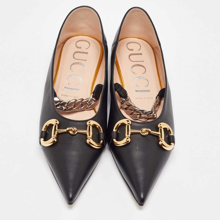 Pre Owned Gucci Black Leather Deva Horesebit Chain Link Ballet Flats Size 40