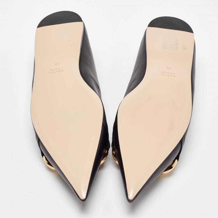 Pre Owned Gucci Black Leather Deva Horesebit Chain Link Ballet Flats Size 40