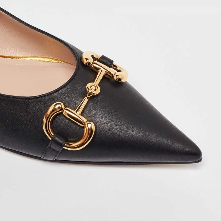 Pre Owned Gucci Black Leather Deva Horesebit Chain Link Ballet Flats Size 40