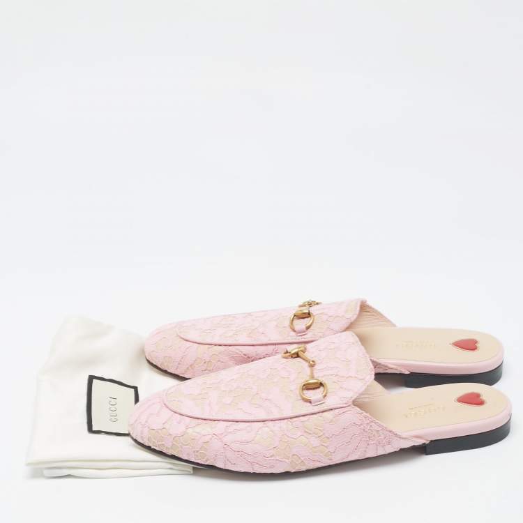 Pre Owned Gucci Pink Lace and Satin Princetown Mules Size 40