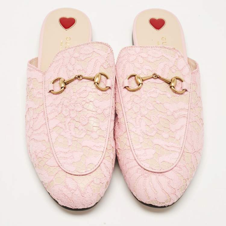 Pre Owned Gucci Pink Lace and Satin Princetown Mules Size 40
