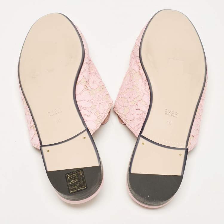 Pre Owned Gucci Pink Lace and Satin Princetown Mules Size 40