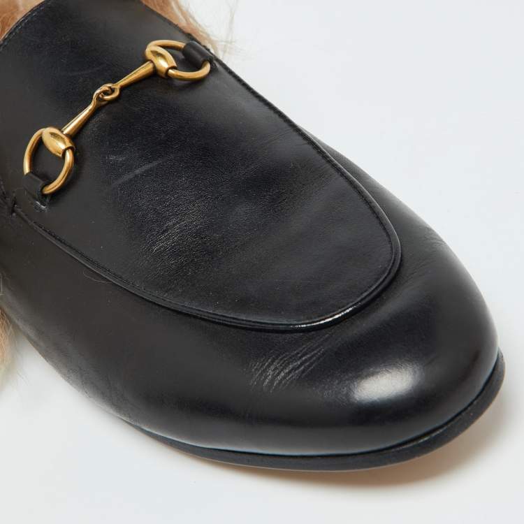 Pre Owned Gucci Black Leather Fur Princetown Flat Mules Size 41