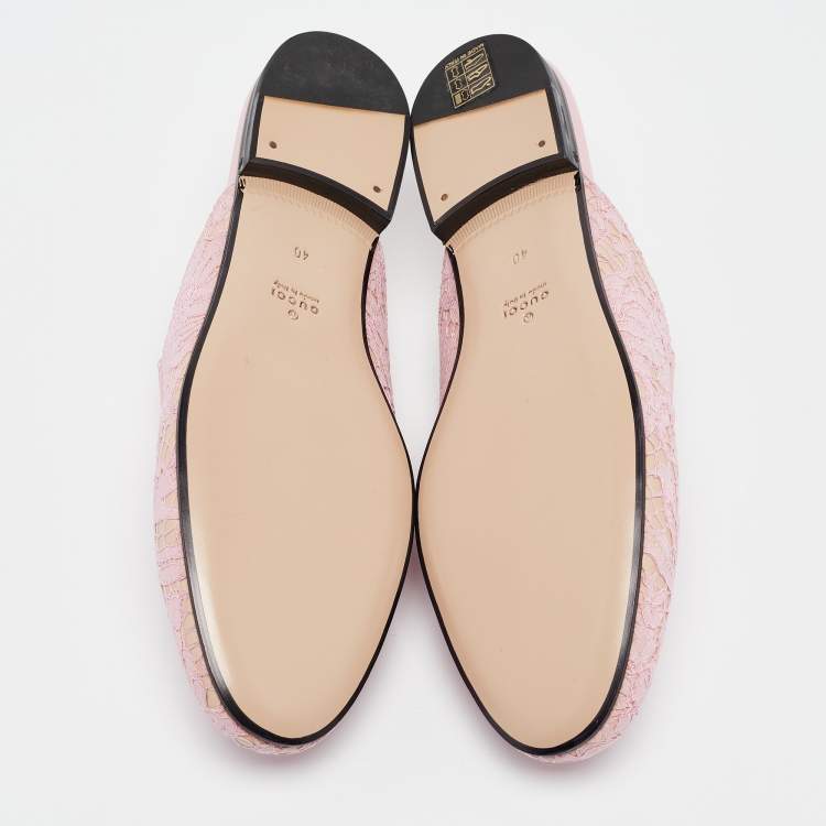 Pre Owned Gucci Pink/Beige Lace and Leather Princetown Flat Mules Size 40