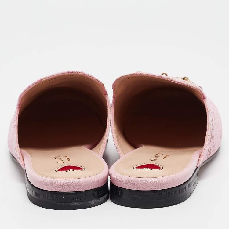 Pre Owned Gucci Pink/Beige Lace and Leather Princetown Flat Mules Size 40