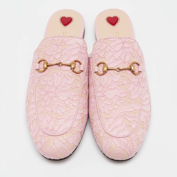 Pre Owned Gucci Pink/Beige Lace and Leather Princetown Flat Mules Size 40