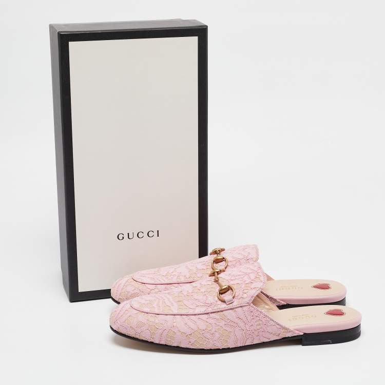 Pre Owned Gucci Pink/Beige Lace and Leather Princetown Flat Mules Size 40