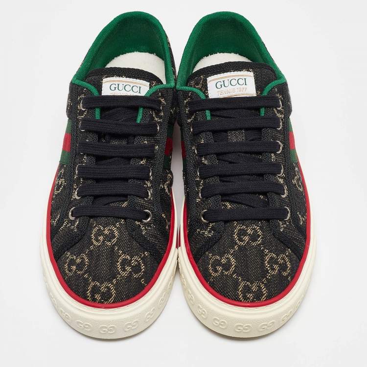 Pre Owned Gucci Black/Cream Denim Tennis 1977 Lace Up Sneakers Size 37