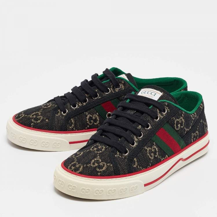 Pre Owned Gucci Black/Cream Denim Tennis 1977 Lace Up Sneakers Size 37