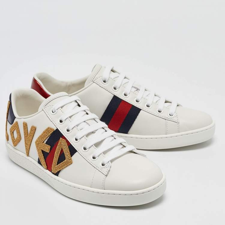 Pre Owned Gucci White Leather Ace Loved Lace Up Sneakers Size 36