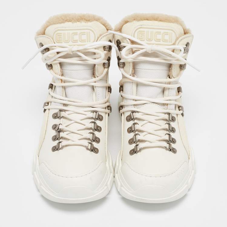 Pre Owned Gucci White Canvas and Leather Flashtrek High Top Sneakers Size 39