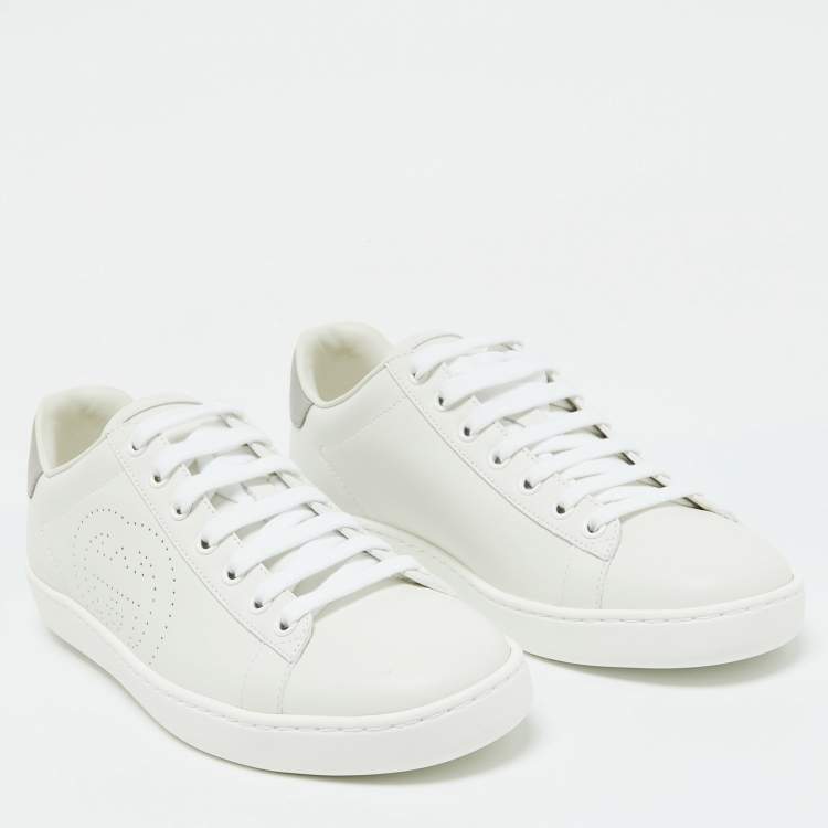 Pre Owned Gucci White/Grey Leather Interlocking G Ace Low Top Sneakers Size 39