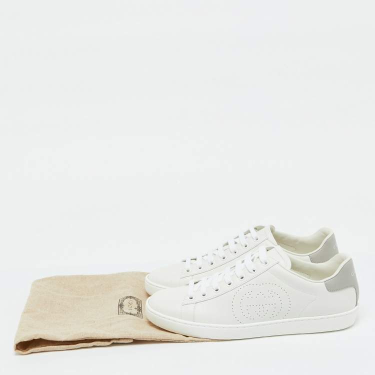 Pre Owned Gucci White/Grey Leather Interlocking G Ace Low Top Sneakers Size 39