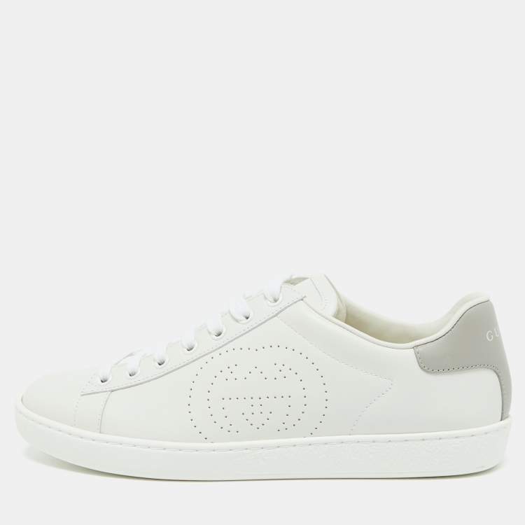 Pre Owned Gucci White/Grey Leather Interlocking G Ace Low Top Sneakers Size 39