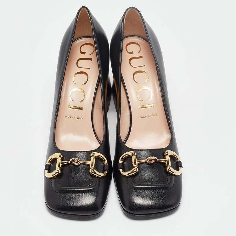 Pre Owned Gucci Black Leather Horsebit Block Heel Pumps Size 39