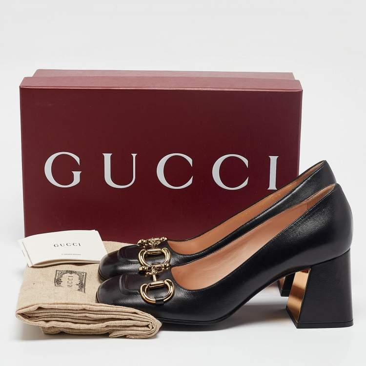 Pre Owned Gucci Black Leather Horsebit Block Heel Pumps Size 39