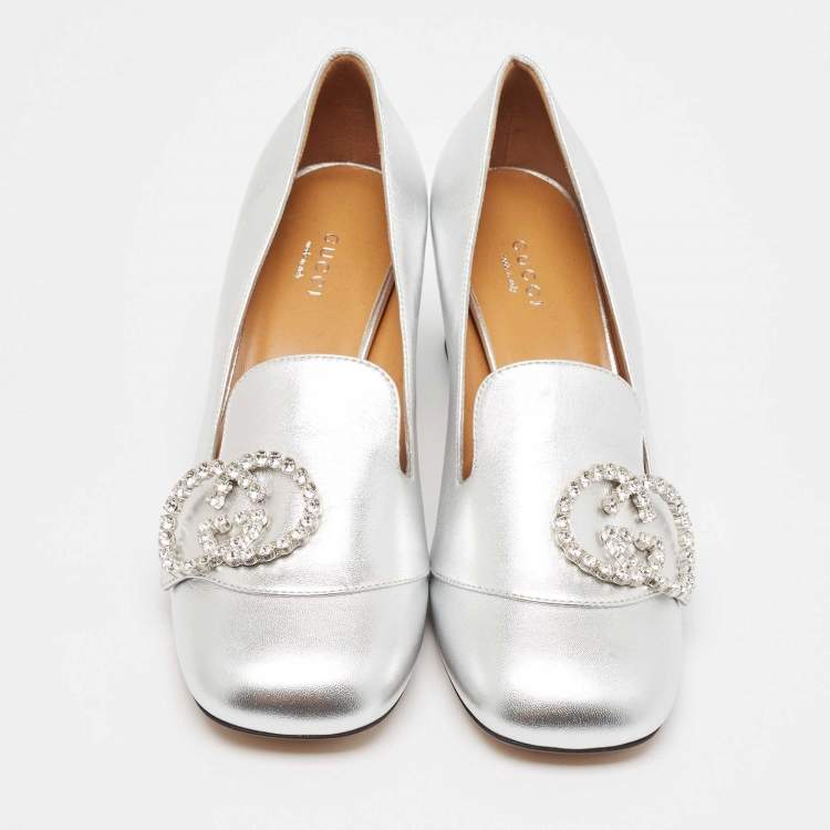Pre Owned Gucci Silver Leather Crystal Embellished Interlocking G Loafer Pumps Size 38