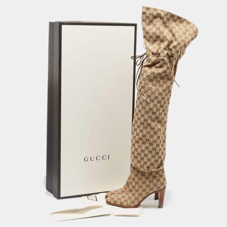 Pre Owned Gucci Beige/Brown GG Canvas Lisa Thigh High Boots Size 39.5