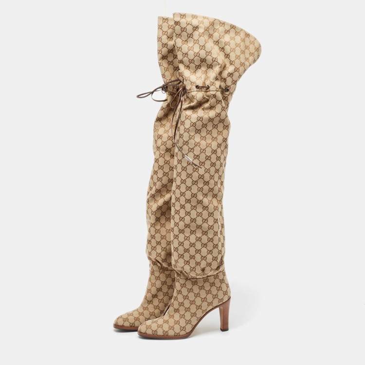 Pre Owned Gucci Beige/Brown GG Canvas Lisa Thigh High Boots Size 39.5