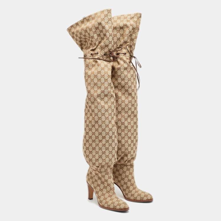 Pre Owned Gucci Beige/Brown GG Canvas Lisa Thigh High Boots Size 39.5