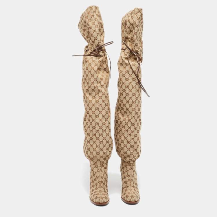 Pre Owned Gucci Beige/Brown GG Canvas Lisa Thigh High Boots Size 39.5