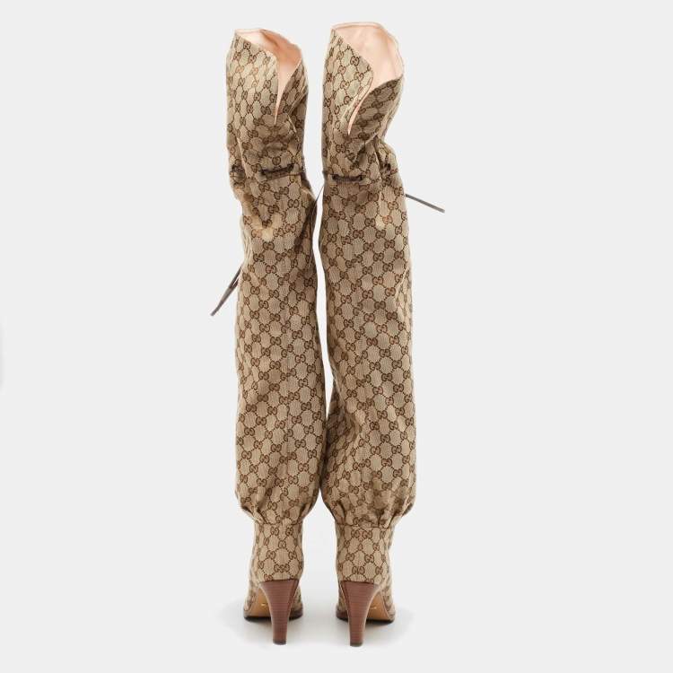 Pre Owned Gucci Beige/Brown GG Canvas Lisa Thigh High Boots Size 39.5