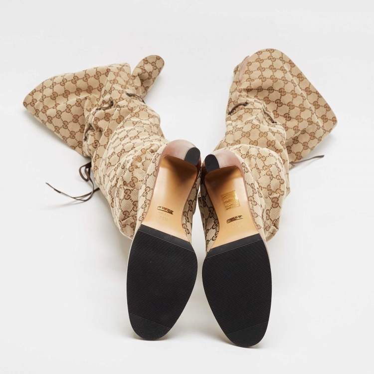 Pre Owned Gucci Beige/Brown GG Canvas Lisa Thigh High Boots Size 39.5