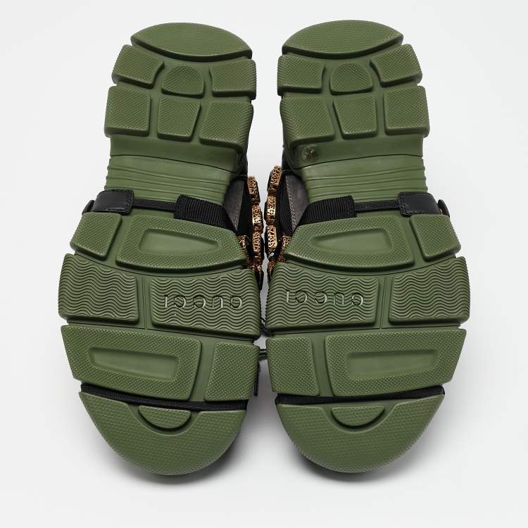 Pre Owned Gucci Green/Black Leather and Mesh Flashtrek Sneakers Size 38.5