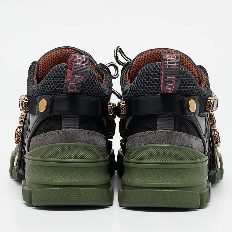 Pre Owned Gucci Green/Black Leather and Mesh Flashtrek Sneakers Size 38.5