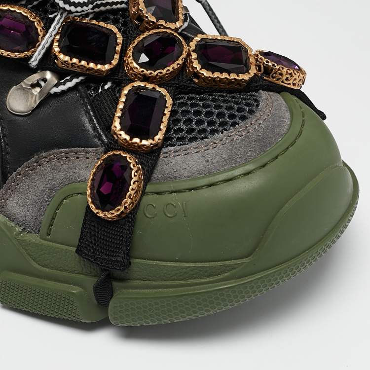 Pre Owned Gucci Green/Black Leather and Mesh Flashtrek Sneakers Size 38.5