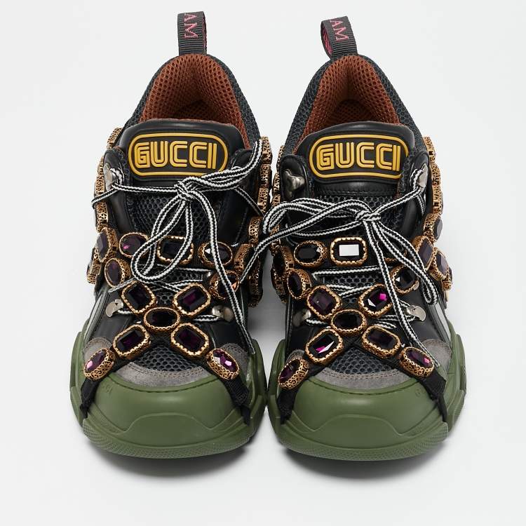 Pre Owned Gucci Green/Black Leather and Mesh Flashtrek Sneakers Size 38.5