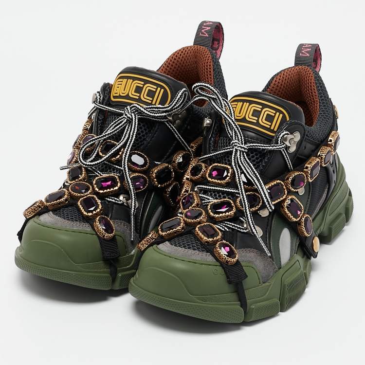 Pre Owned Gucci Green/Black Leather and Mesh Flashtrek Sneakers Size 38.5